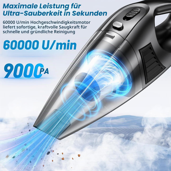 Handstaubsauger Kabelloser, 120W Motor, 60.000 U/min Saugleistung, 9.000 Pa, 2 waschbare Filter, 3 D