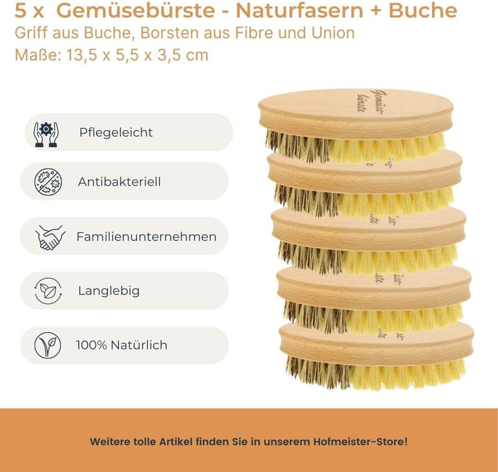 5X HOFMEISTER® Gemüsebürste, 13,5 cm, hochwertige Naturborsten in 2 Härtegraden: echt Union und Fibr