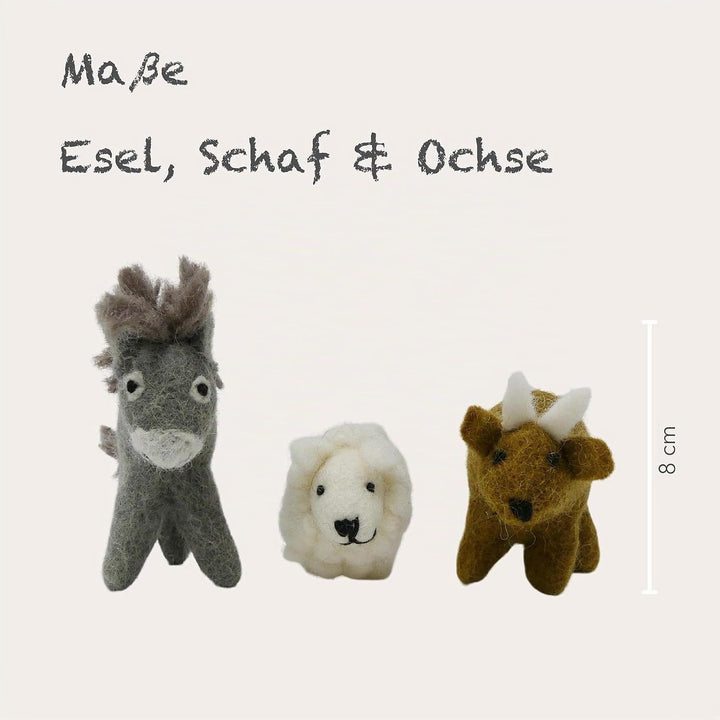 Én Gry &amp; Sif Krippentiere (Esel Schaf Ochse), Krippenfiguren aus Filz, Hand-Made, fair-Trade, Kinder