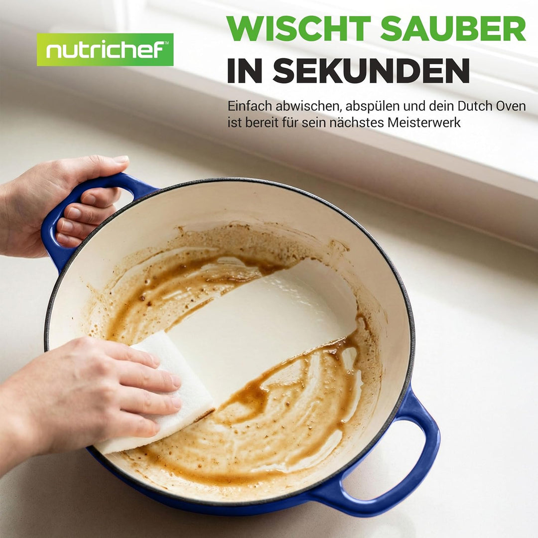 NutriChef Gusseisentopf zum Brotbacken 26 cm Dutch Oven Emailliert Blau– Mit Deckel und Griffen – In