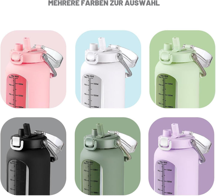 BLUEGO 2000ml Glaswasserflasche mit Edelstahlgriff und Zeitmarkierung 2L Trinkflasche Borosilikatgla