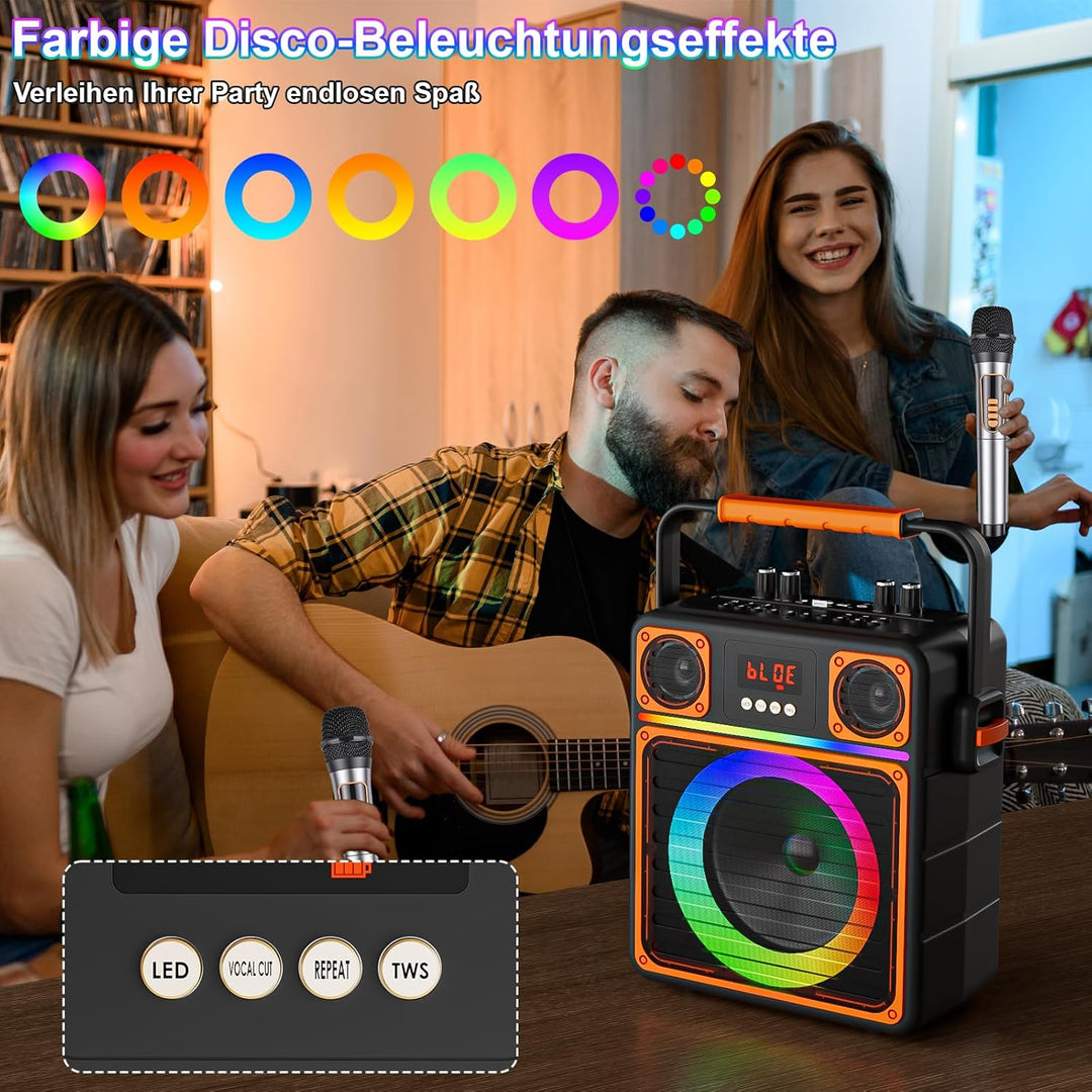 Karaoke Maschine mit 2 Mikrofone, GuKKK Tragbaren Bluetooth Lautsprecher Box und DJ-Lichtern für Erw