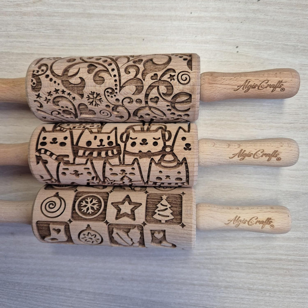 Kinder Nudelholz mit Muster WEIHNACHTSFEST Backen 3-er SET - Teigroller Holz für DIY Weihnachten Plä