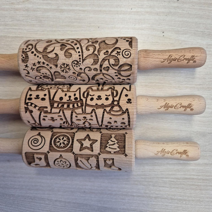 Kinder Nudelholz mit Muster WEIHNACHTSFEST Backen 3-er SET - Teigroller Holz für DIY Weihnachten Plä