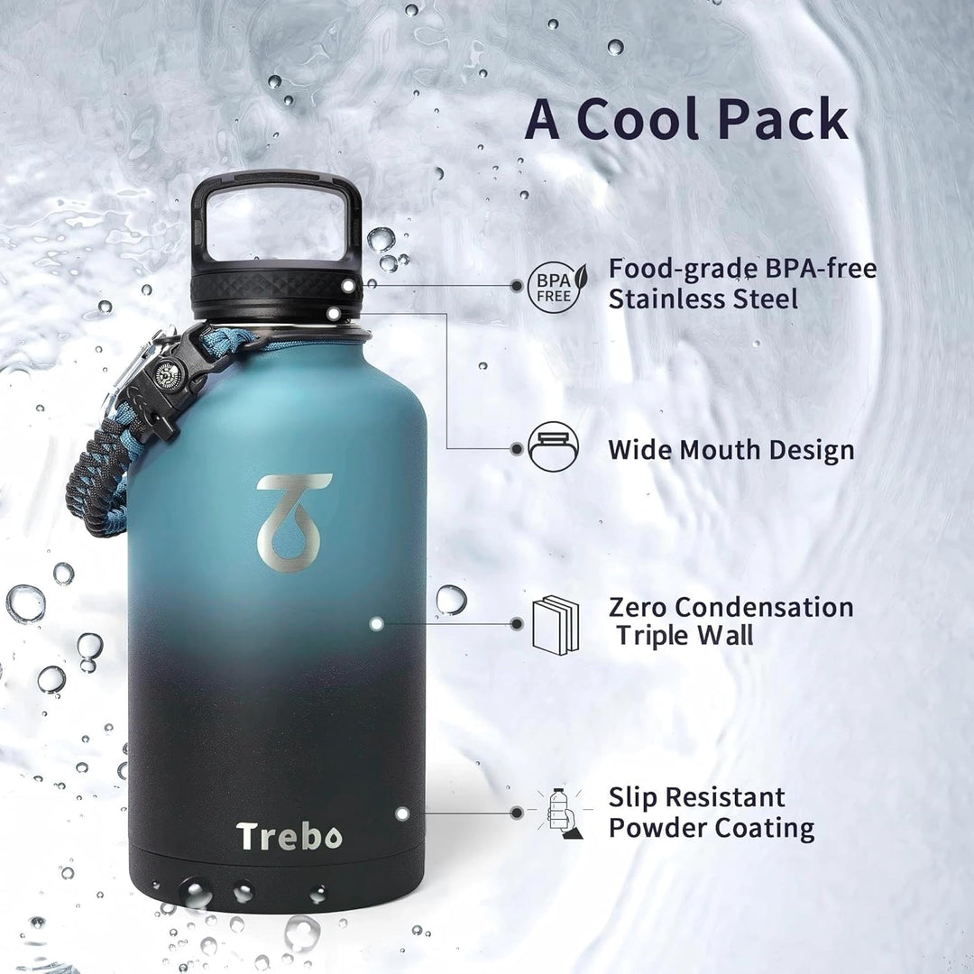 Thermosflasche mit Strohhalm 2L, Trebo Trinkflasche Edelstahl mit Paracord-Griff & 3 Deckeln, Edelst