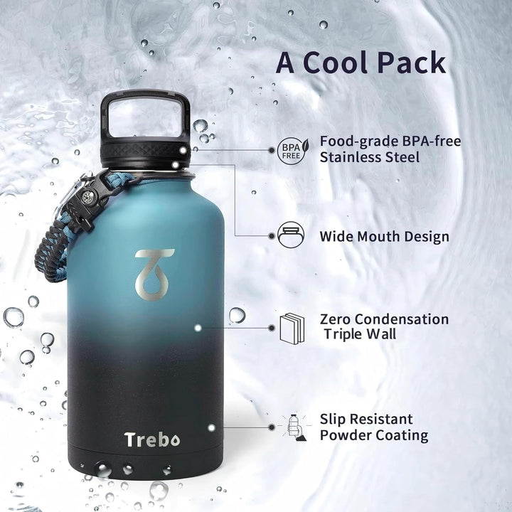 Thermosflasche mit Strohhalm 2L, Trebo Trinkflasche Edelstahl mit Paracord-Griff & 3 Deckeln, Edelst