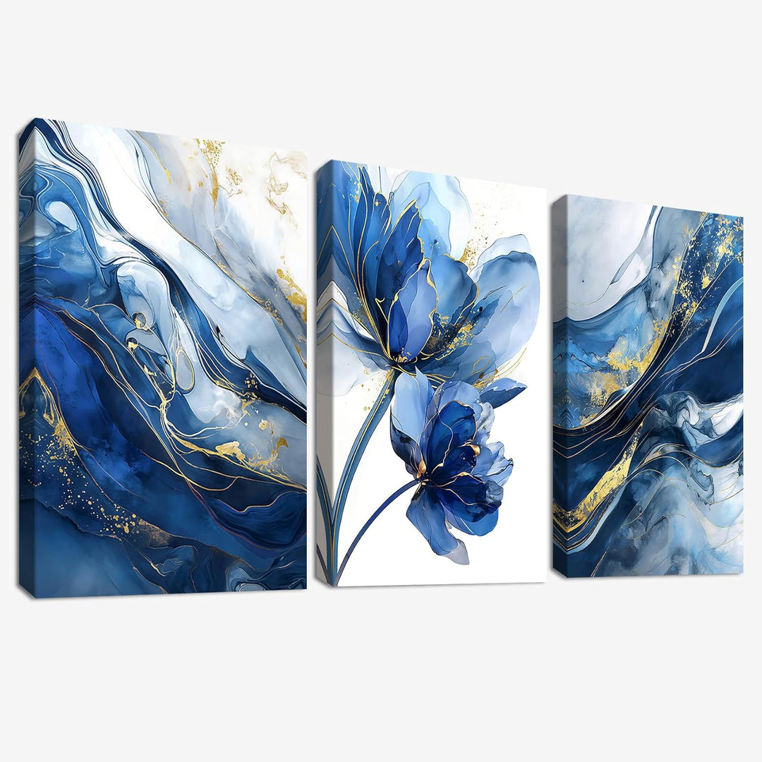 3Pcs Aquarell Gold Blau Lotusblume Mit Rahmen Leinwand Bilder Abstrakt Marineblau Marmor Bild auf Le