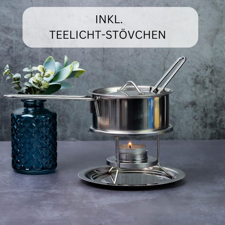 Westmark Butterpfännchen/Sossenwärmer, Mit Deckel, Sossenlöffel und Stövchen, Rostfreier Edelstahl,