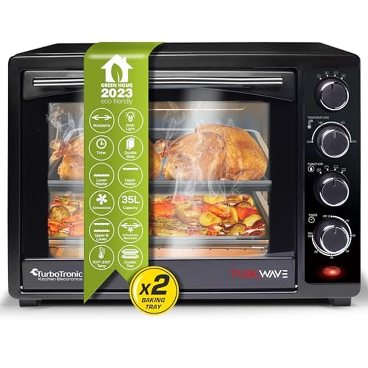 TurboTronic Minibackofen mit Umluft 35l schwarz 1600W, Mini Backofen mit 2 Backblechen, Timer, Pizza