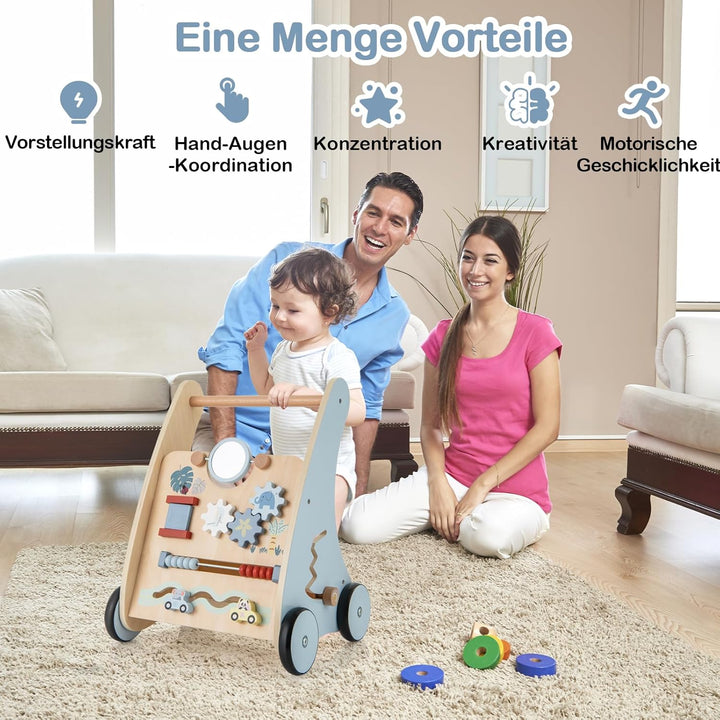 DREAMADE Lauflernwagen Holz, Baby Lauflernhilfe mit Spiegel & Spielzeug, Gehfrei Baby Holzspielzeug