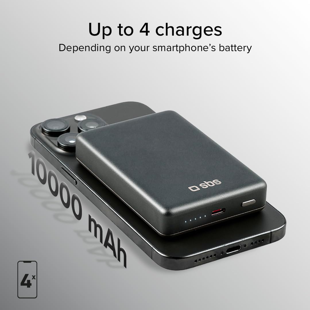 SBS PowerBank 10K MagSafe, 10.000 mAh Power Delivery 20 W, 15 W kabelloses Laden, magnetisch, Status