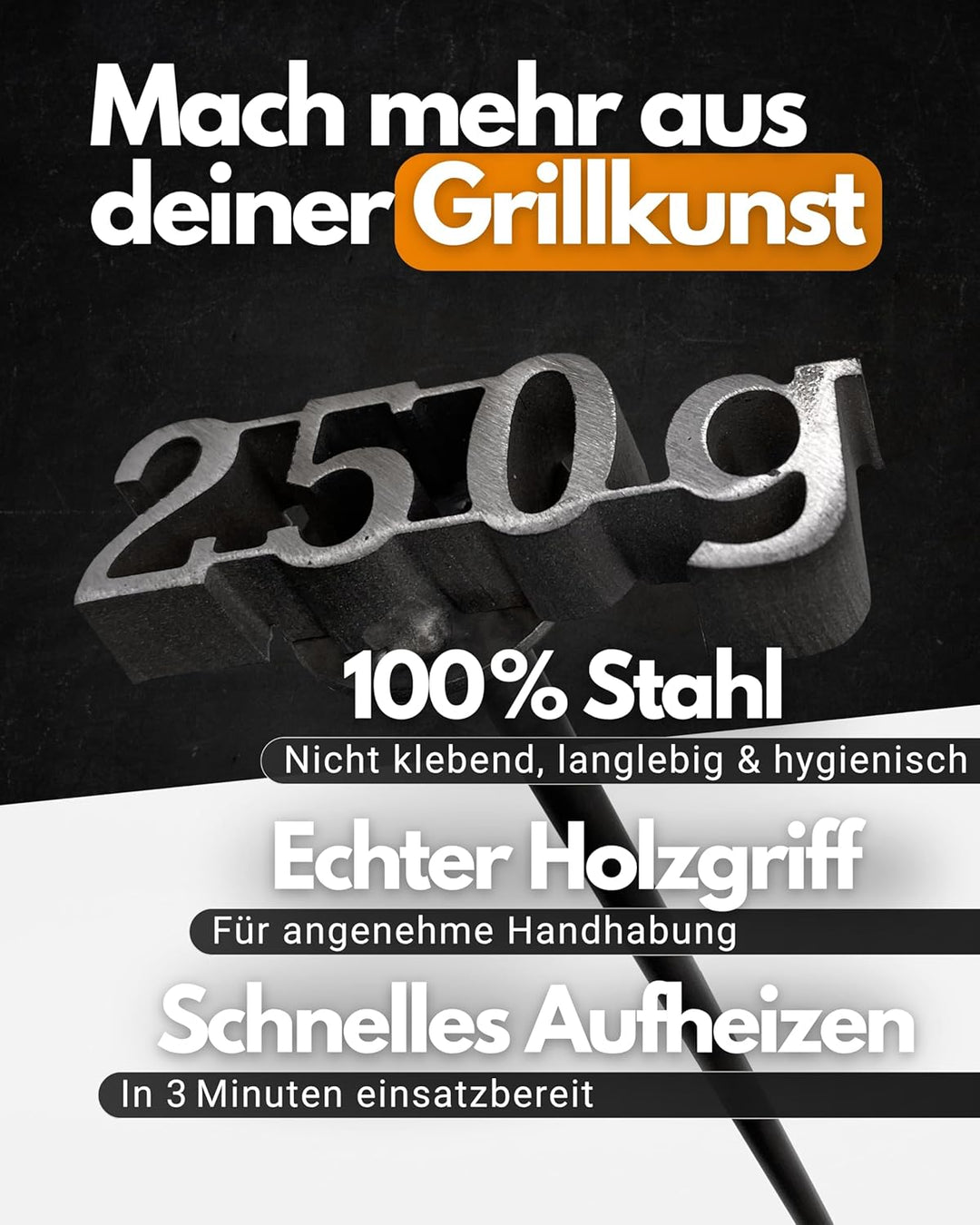 Feuerfest 123 Brennstempel mit 250g-Motiv I 5,8 x 2,3 x 35 cm I Grill-Stempel aus robustem Stahl I H