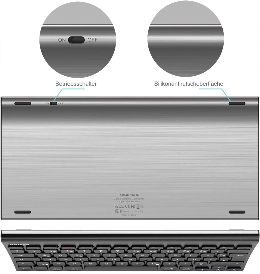 Arteck Bluethooth Tastatur, QWERTZ Deutsche Wireless Tastatur mit Rostfreier Stahl Kabellose Tastatu