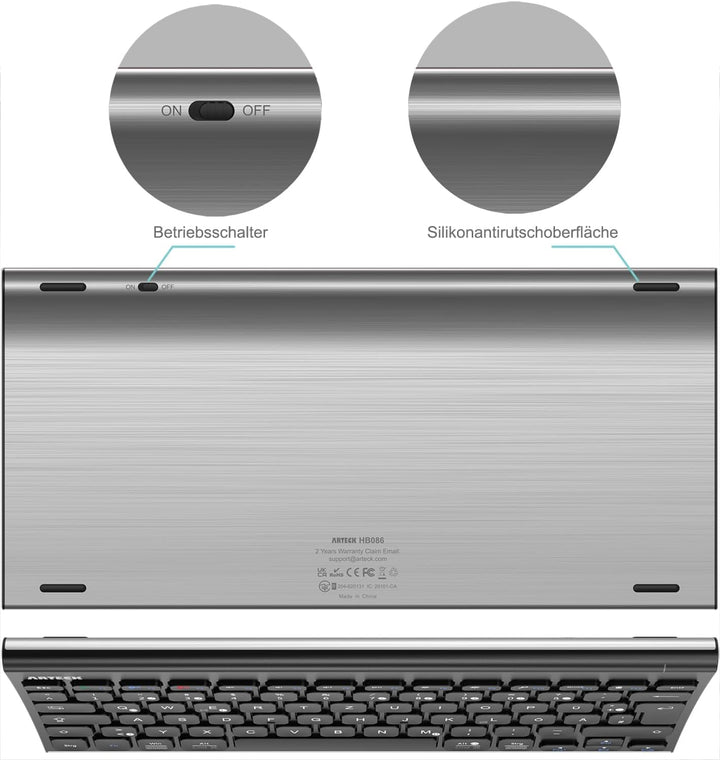 Arteck Bluethooth Tastatur, QWERTZ Deutsche Wireless Tastatur mit Rostfreier Stahl Kabellose Tastatu