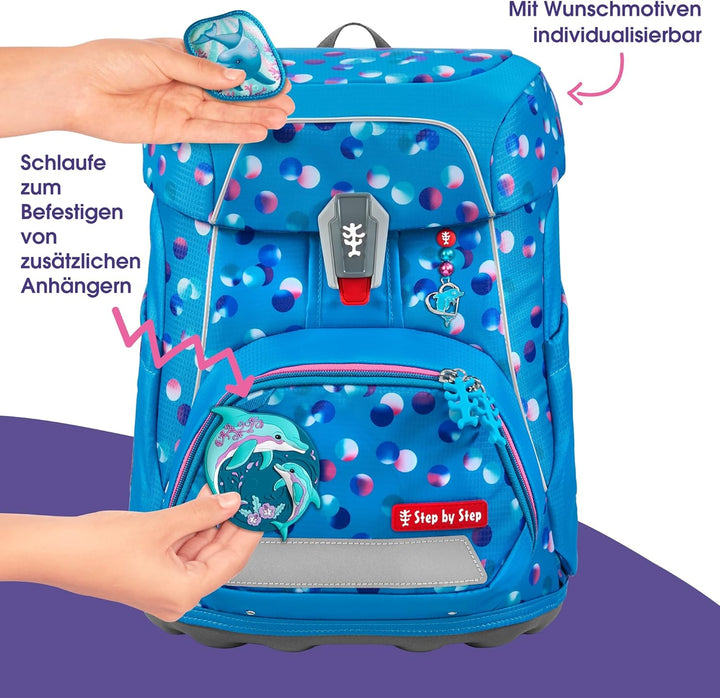 Step by Step Schulranzen-Set FIT „Dolphin Finja“ 5-teilig, blau, Delfin-Design, ergonomischer Tornis