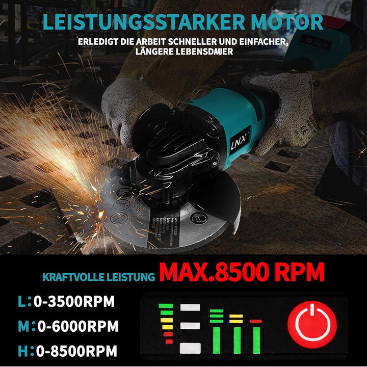 Akku-Winkelschleifer 125 mm, Akku Flex für Makita 18V Akku, 8500U/min, 3 Geschwindigkeiten, Akku-Sch
