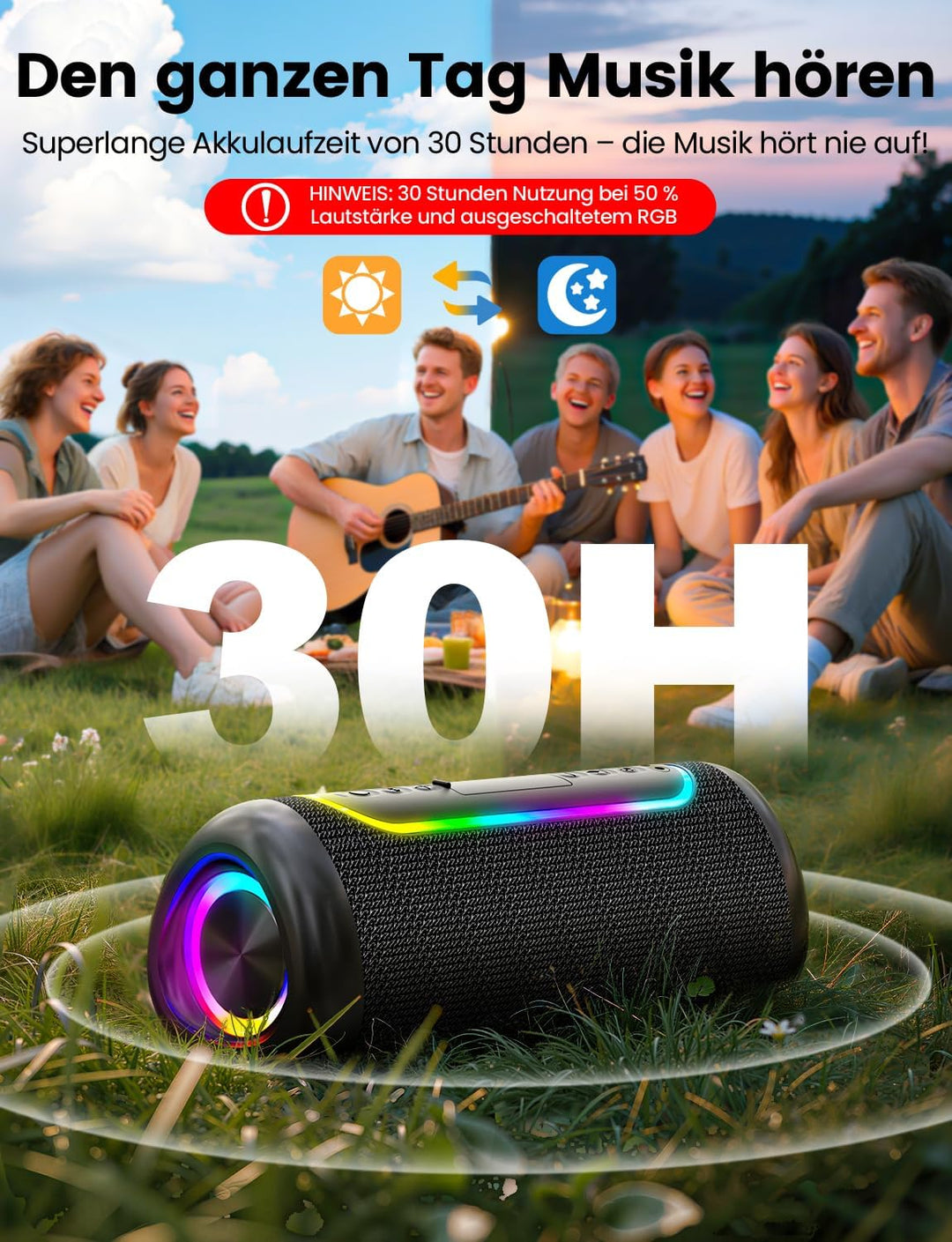 Bluetooth Lautsprecher 30W Dual-Lautsprecher Kräftiger Bass Bluetooth 5.4 IPX5 Wasserdicht 30 Stunde