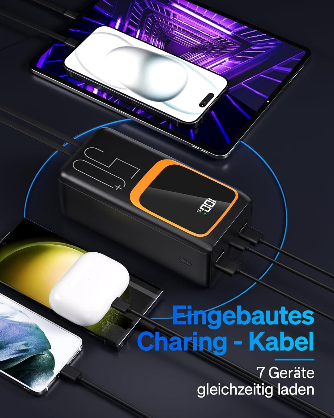50000mAh Power Bank mit integriertem Kabel: 22,5W schnell aufladende Externe Batterie mit grosser Ka