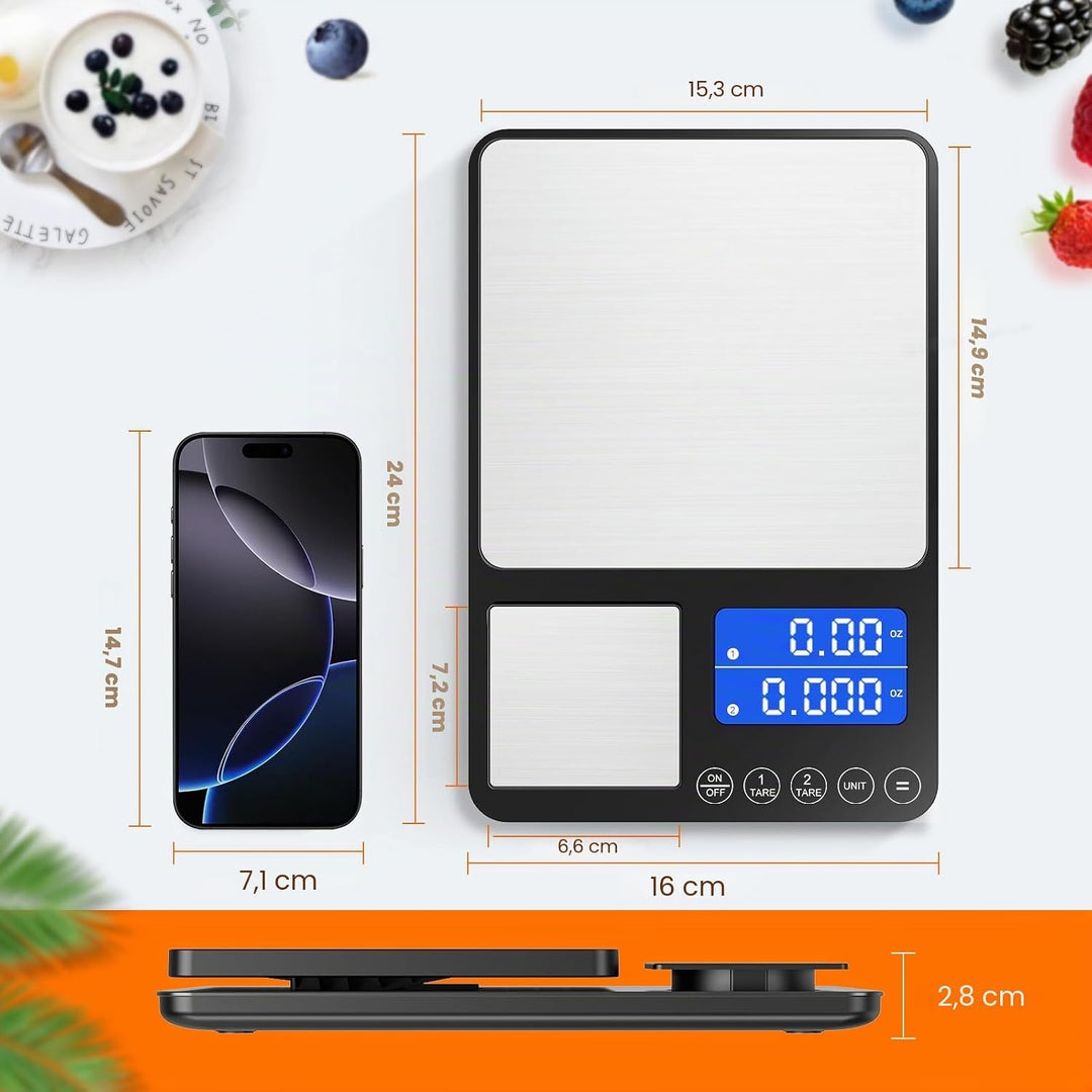 BRICH Digitale Küchenwaage mit Dual-Plattform, 15kg/1g &amp; 500g/0.01g Präzisionswaage mit Tara- &amp; Summ