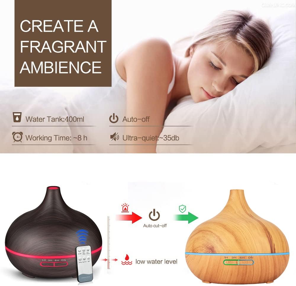 400ML Luftbefeuchter für Schlafzimmer Elektrischer Aromatherapie-Befeuchter im Holzmaserung mit 7-fa