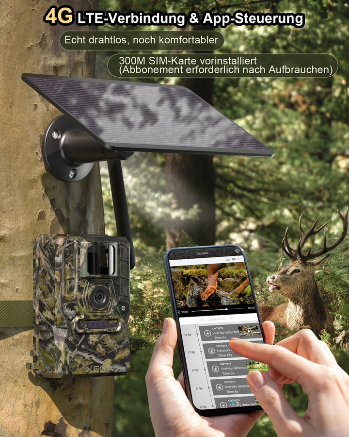 Xega 4G LTE Wildkamera mit Handyübertragung App & Bewegungsmelder, 2K Solar Überwachungskamera Ausse