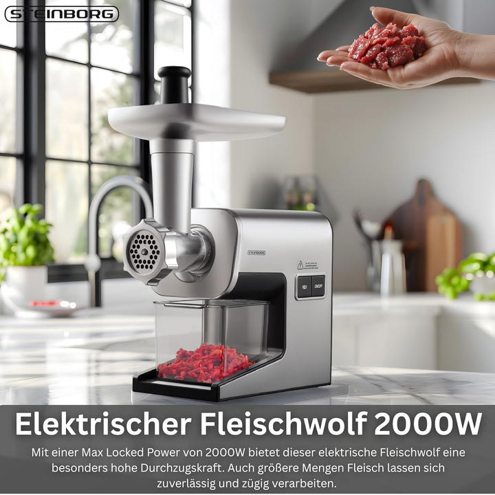 Steinborg ® Fleischwolf Elektrisch 2000W Max Power – Profi Hackfleischmaschine aus Edelstahl mit kra