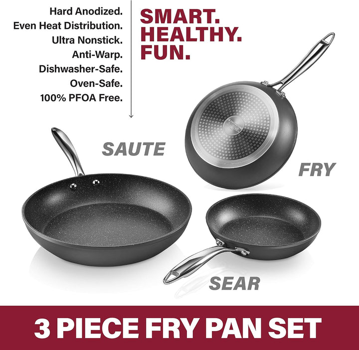 Granitestone Pro Harteloxiertes Set Pfanne 8", 10" und 12" Kochgeschirr, 100 Prozent PFOA-frei, ofen