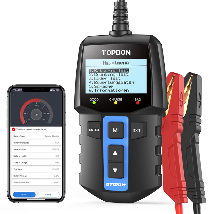 TOPDON BT100W Auto Batterietester 2 in 1, 12V Bluetooth Batterie Analyzer 100-2000 CCA Wechselstromg
