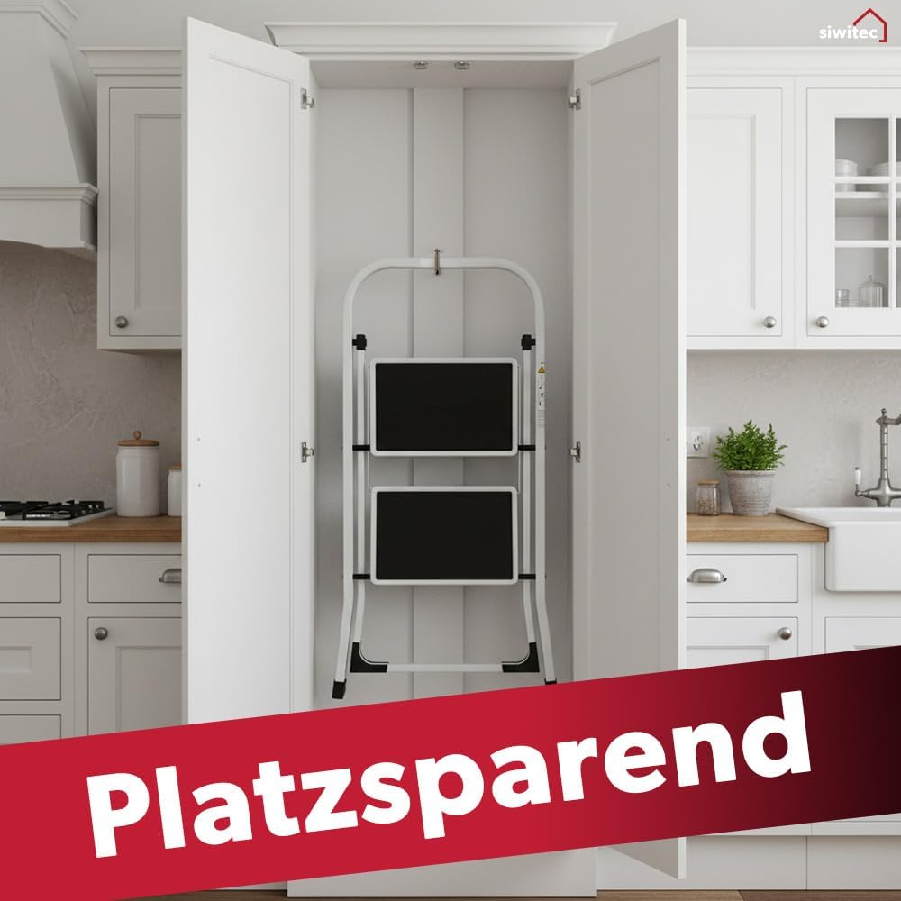 siwitec Klapptritt aus Stahl mit 2 Stufen, Weiss, kleine Leiter mit Anti-Rutschmatten, 150 kg Tragla