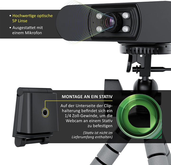 CSL - Full-HD Webcam 1080p mit Auto-Lichtkorrektur, 30 FPS mit Mikrofon, Belichtungskorrektur, USB-A