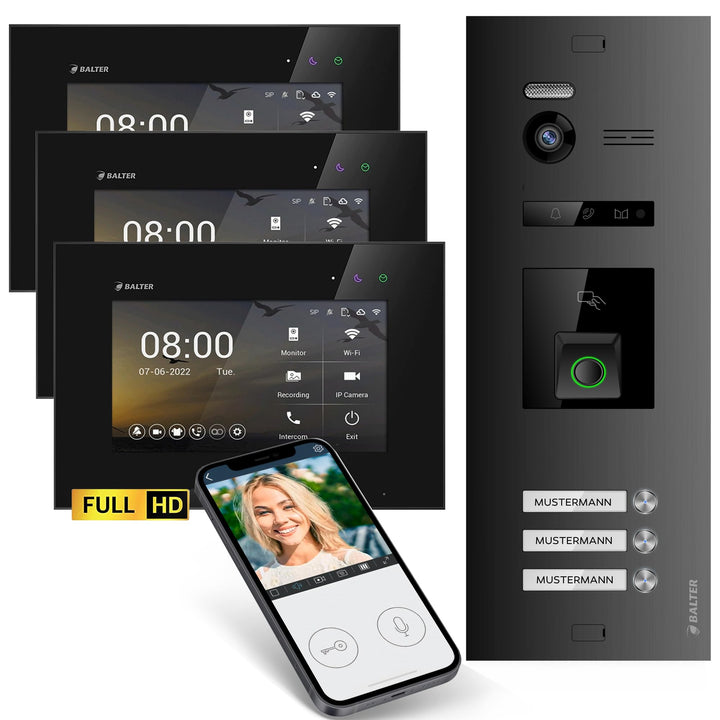 Balter EVO-HD Video Türsprechanlage mit Fingerprint, Video Türklingel, Smartphone App, 3 Familienhau