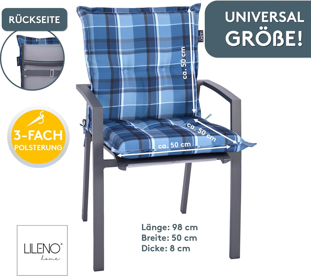 LILENO HOME Gartenstuhl Auflagen als [2er Set - Niedriglehner] in Karo Blau - Bequeme Liegen als Sit