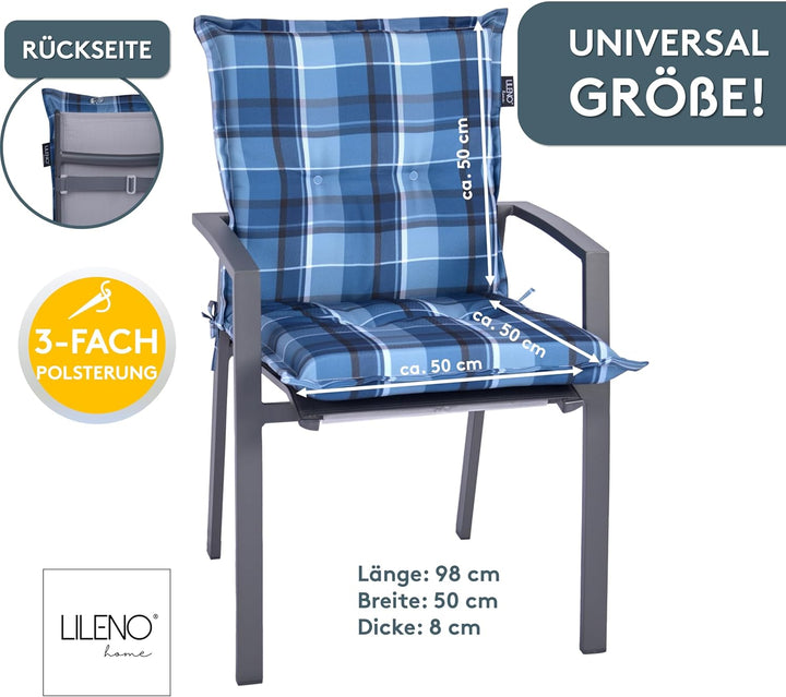 LILENO HOME Gartenstuhl Auflagen als [2er Set - Niedriglehner] in Karo Blau - Bequeme Liegen als Sit