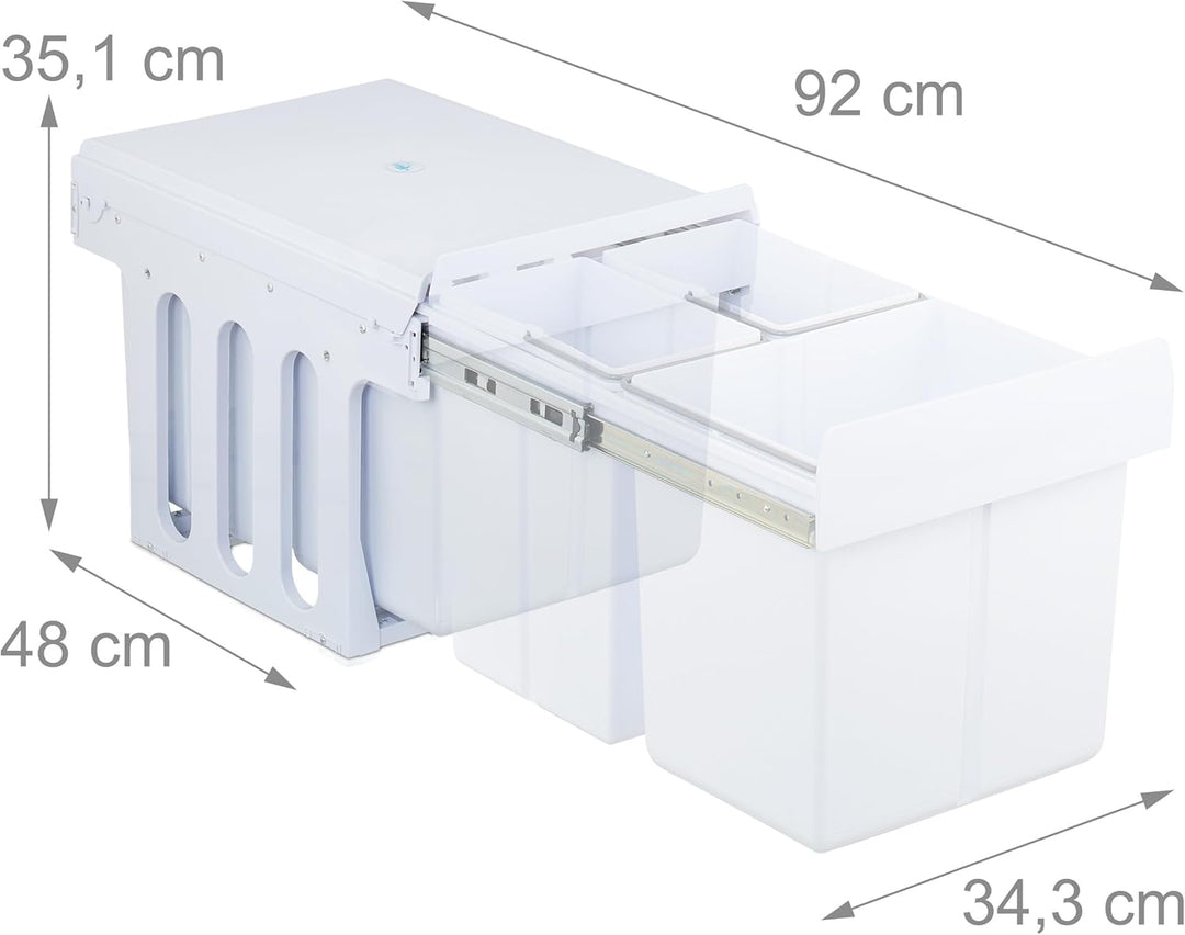 Relaxdays Einbaumülleimer, 3 Fächer, 15l & 8l, HBT: 35,1x34,3x48 cm, ausziehbar, Mülltrennsystem für