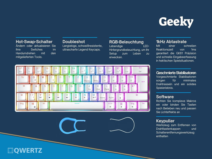 Geeky GK61 60% | Hot Swappable Mechanische Gaming-Tastatur | 62 Tasten Multi Color RGB LED Hintergru