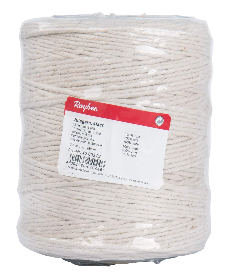 Rayher Hobby Rayher 4200302 Jutegarn, 3fach, 3,5 mm ø, Spule 280 m, Farbe weiss/ elfenbein, Jute-Sch