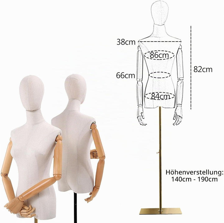pujindu Schaufensterpuppe Körper Weiblich, Schneiderpuppe Torso mit Hölzernen Arm Abnehmbarer Kopf,