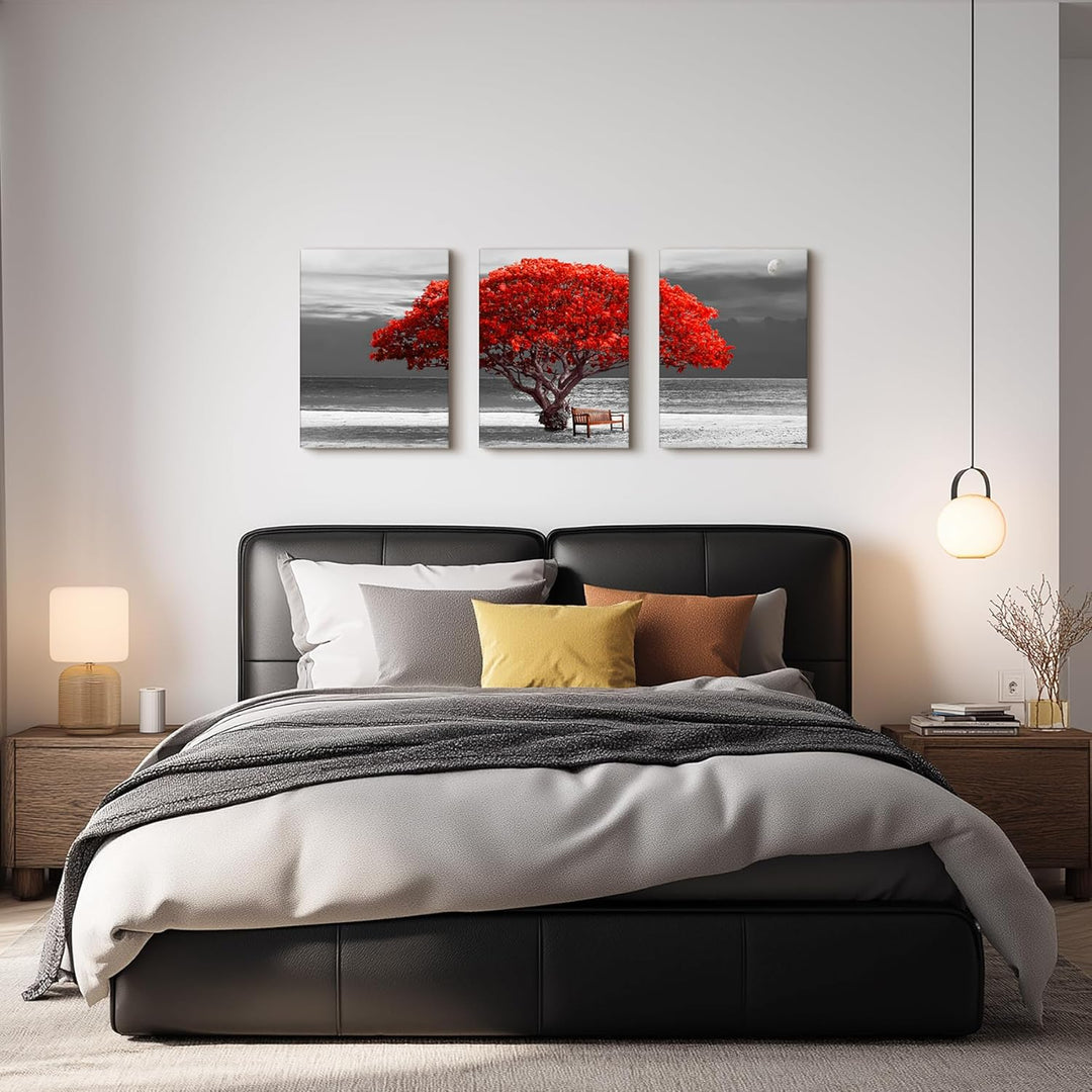 hyidecorart Leinwandbilder 30x40 cm 3er Set Wohnzimmer, Modern Rot Baum des Lebens Wandbilder Set mi