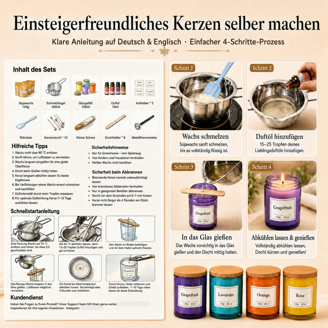 Thinas Kerzen Selber Machen Set – Komplettes Candle Making Kit mit Sojawachs, 4 Gläsern mit Bambusde
