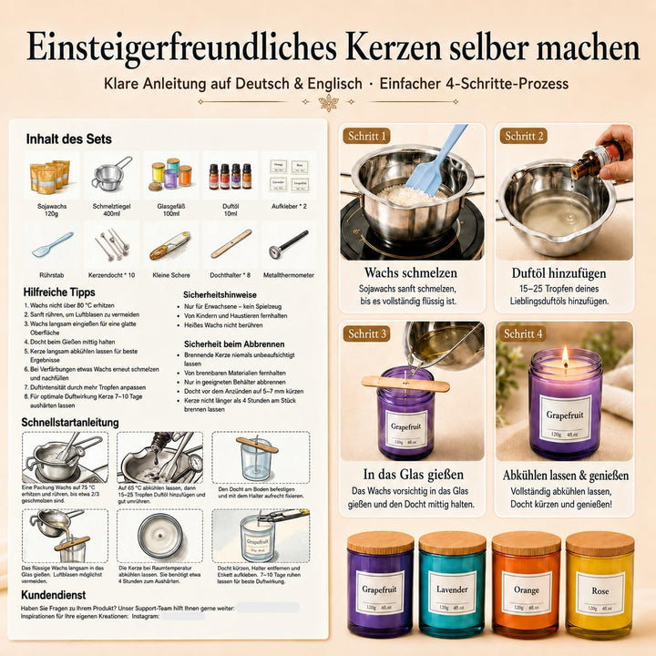 Thinas Kerzen Selber Machen Set – Komplettes Candle Making Kit mit Sojawachs, 4 Gläsern mit Bambusde
