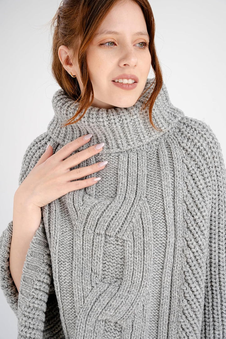 SAOL Damen Poncho aus 100% Merinowolle mit Zopfmuster für Damen Einheitsgrösse Einheitsgrösse Grau,