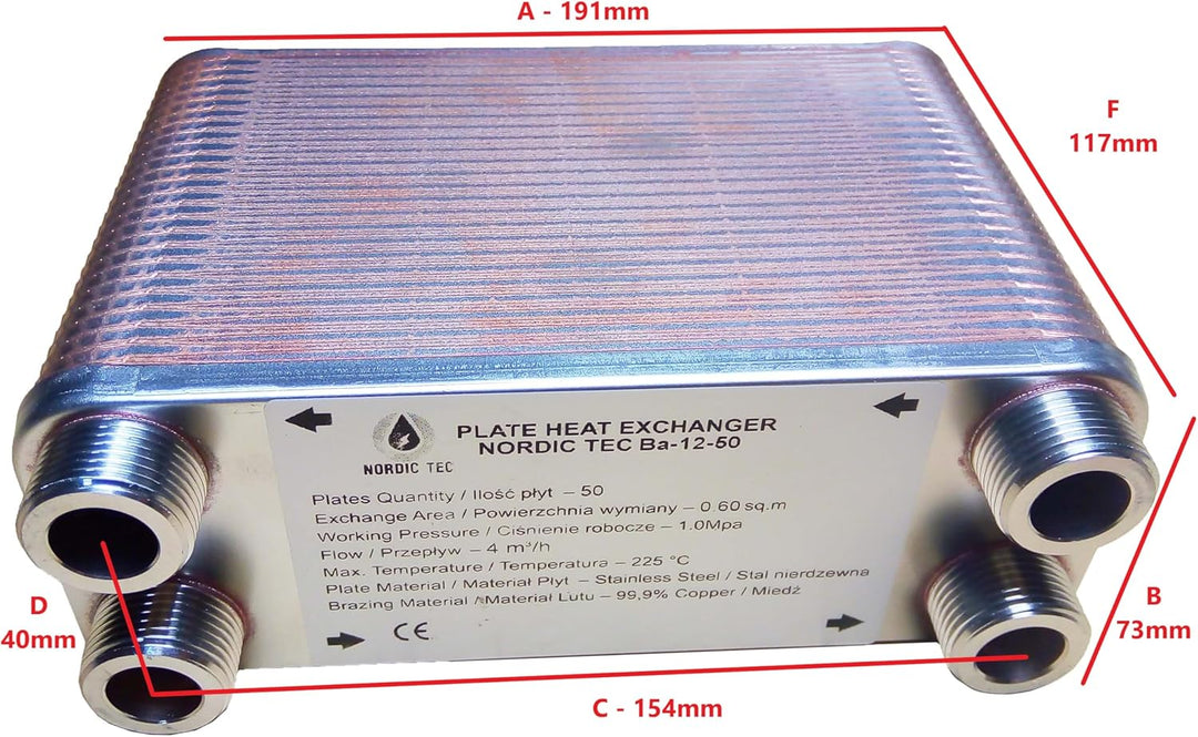 Edelstahl Plattenwärmetauscher Nordic Tec Ba-12-50 50 Platten 100kW 3/4” (Nur Plattenwärmetauscher),