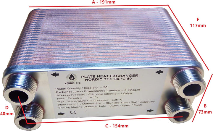 Edelstahl Plattenwärmetauscher Nordic Tec Ba-12-50 50 Platten 100kW 3/4” (Nur Plattenwärmetauscher),