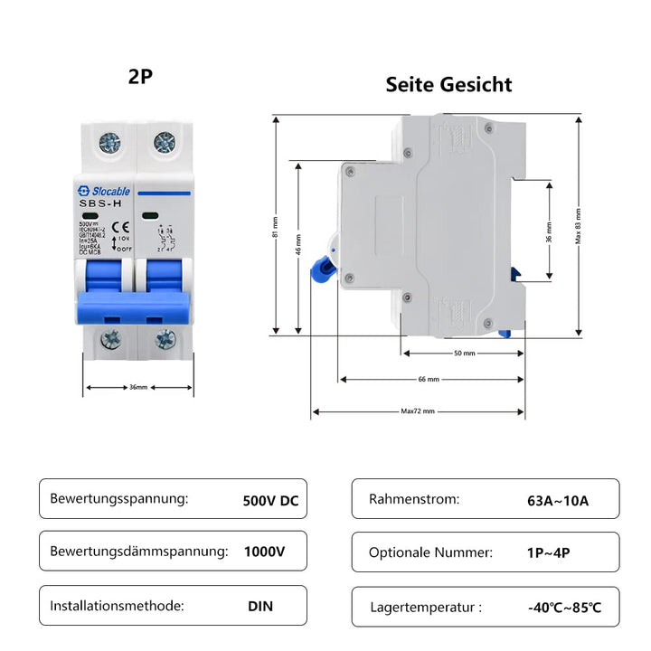 DC Miniatur-Leistungsschalter, 2 Polig 500V 16A Sicherungsautomat, Solar PV System Isolator DC Trenn