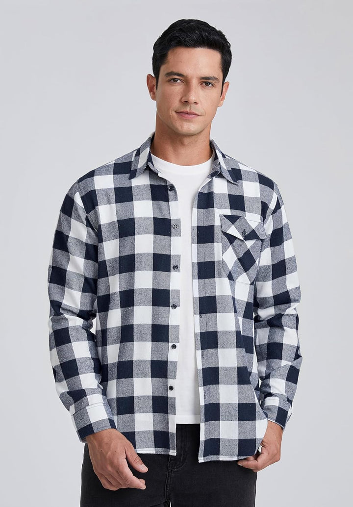 HISDERN Flanellhemd Herren Karierte Hemden Herren Langarm Button Down Baumwolle Holzfällerhemd Regul
