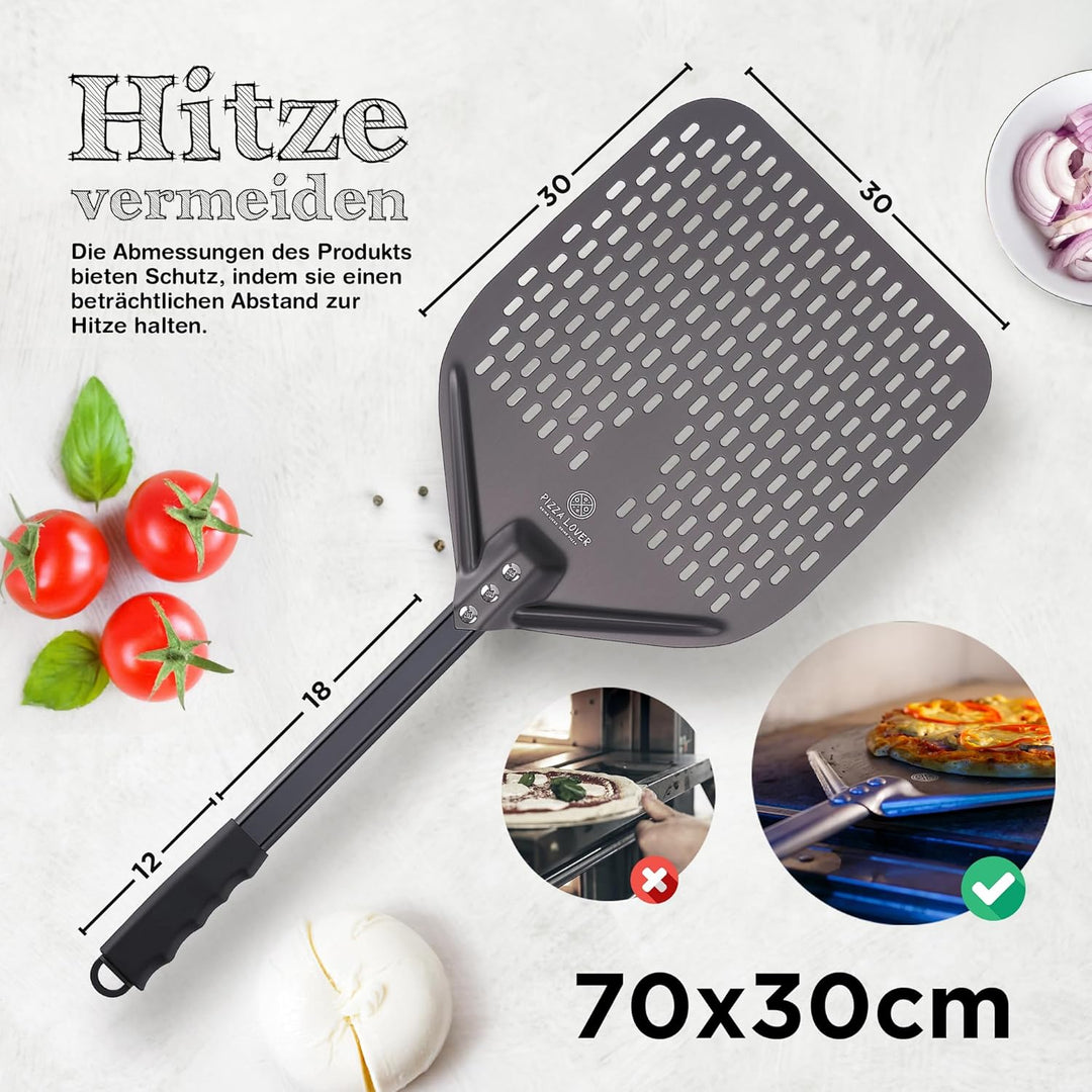 Pizza Lover® hochwertiger Pizzaschieber perforiert 30 x 30 cm Pizzaschaufel aus harteloxiertem Alumi