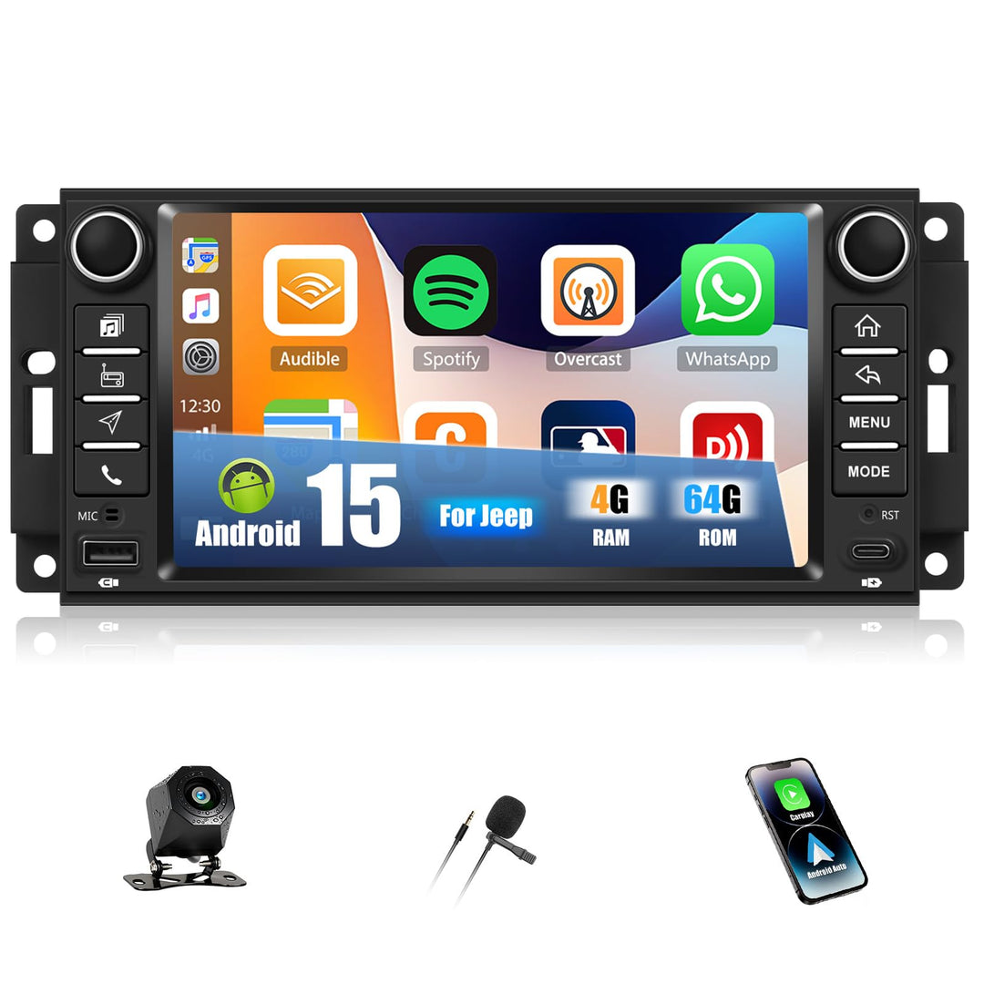CAMECHO 4+64G 7 Zoll Android 15 Autoradio für Jeep Wrangler Dodge Challenger Compass, Navi Radio Blu