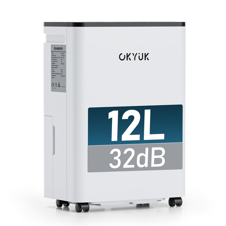OKYUK Luftentfeuchter Elektrisch 12L mit Digitaler Luftfeuchtigkeitsanzeige, 32dB Leiser 30m², mit a