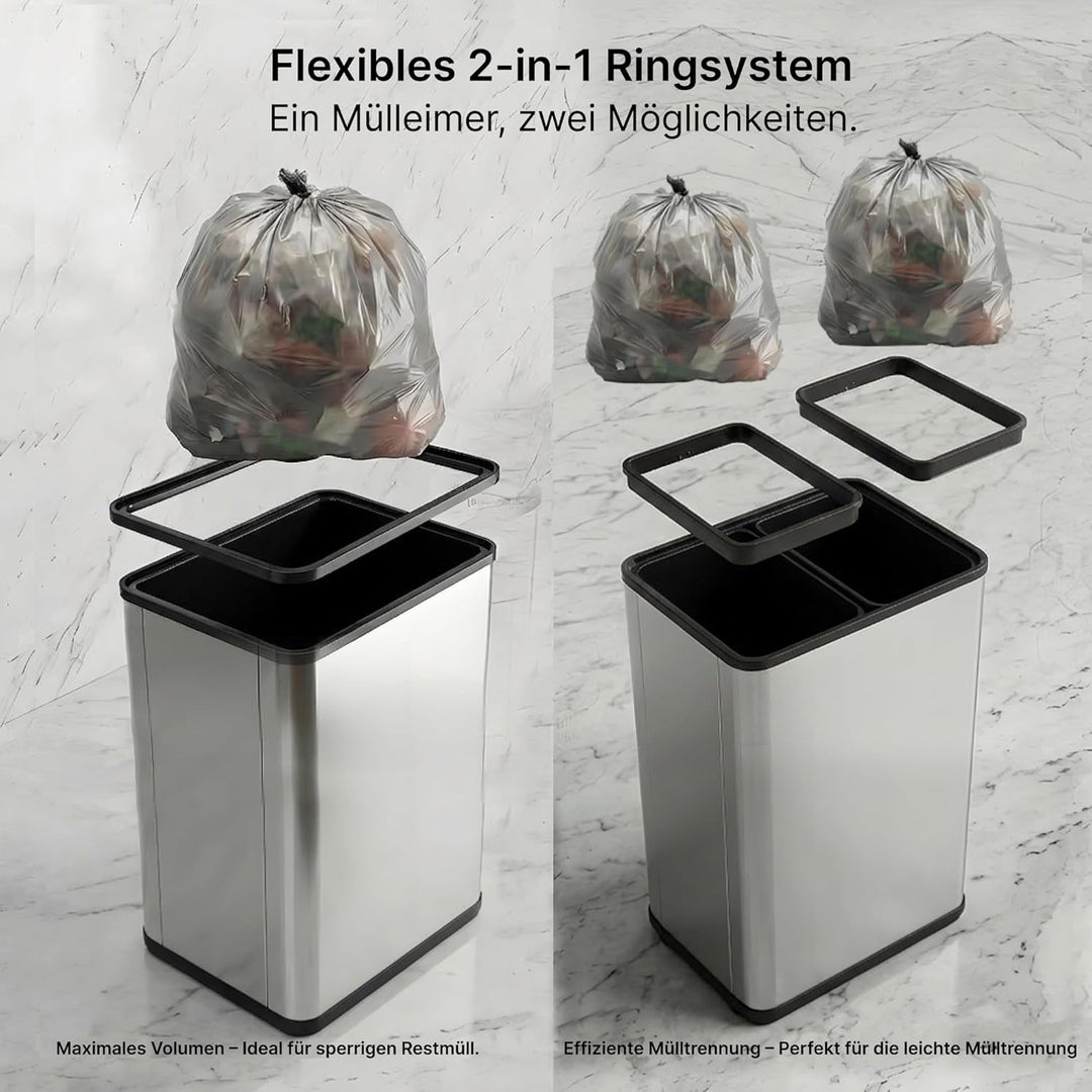 Sensor Mülleimer 2er Set (2x50L) – Automatische Abfalleimer Küche mit Deckel, Edelstahl, geruchsmini