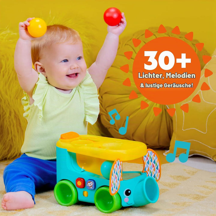 Bright Starts Pop &amp; Roll Safari Bus Ballspielzeug, Elefanten Popper und Werfer, Baby Krabbelspielzeu